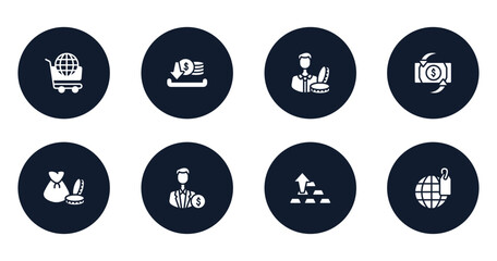 marketing filled icons set. flat filled icons sheet included world wide shopping, earning, accredited, return on investment, capital, investors, ingot, trademark vector.