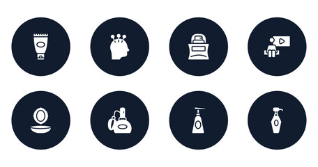 beautiful filled icons set. flat filled icons sheet included sun protection, acupuncture, parfume bottle, watching, powder and mirror, perfume retro bottle, soap dispenser, lotion bottle vector.