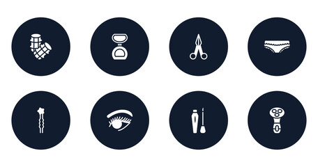 pretty filled icons set. flat filled icons sheet included hair rollers, matte powder, manicure scissors, panties with lace, two hairpins, woman eye, liquid lipstick, electric shaver for women