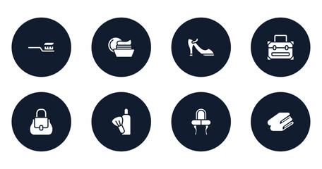 beauty salon filled icons set. flat filled icons sheet included tooth brush, facial cream, high heel shoe, vanity case, women handbag, after shave, mirrored vanity desk, folded towel vector.