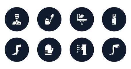 plastic surgery filled icons set. flat filled icons sheet included surgeon, nail color, operating table, hair spray, calf, oven mitt, breast enlargement, thigh vector.