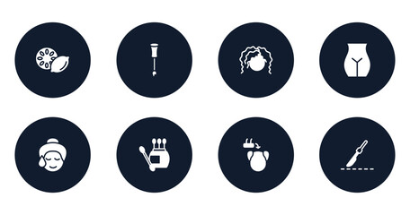 plastic surgery filled icons set. flat filled icons sheet included lemon slice, nail brush, curling hair, , glowing skin, earbuds, hair transplant, scalpel vector.