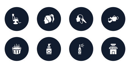 hairdressing and barber filled icons set. flat filled icons sheet included barber chair, ponytail hair, hair dye, herbal, hot tub, foundation, hairspray, barber shop vector.