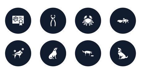pet shop filled icons set. flat filled icons sheet included health certificate, nail trimmer, big crab, gold fish, washing the dog, dog seating, feeding the dog, sitting vector.