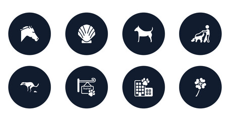 poi nature filled icons set. flat filled icons sheet included horse head, seashell, plain dog, dog and a man, dog shitting, pet hotel, hotel building, four leaf clover vector.