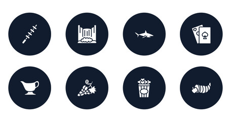 thanksgiving filled icons set. flat filled icons sheet included skewer, cataract, sharks, poker, gravy, grapes, popcorn, cornucopia vector.