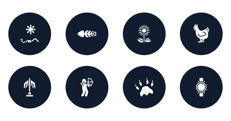 diving filled icons set. flat filled icons sheet included sunbathing, fishbone, sunflowers, hen, statue, hunter, paw print, diving watch vector.