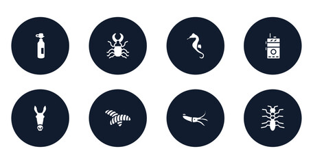 insects filled icons set. flat filled icons sheet included oxygen tank, stag beetle, seahorse, walkie talkie, donkey, chrysalid, squid, tree lobster vector.