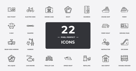 transportation outline icons set. thin line icons sheet included bus ticket, drone case, gearbox, ferry, driving pass, car engine, bus depot, double decker vector. - obrazy, fototapety, plakaty