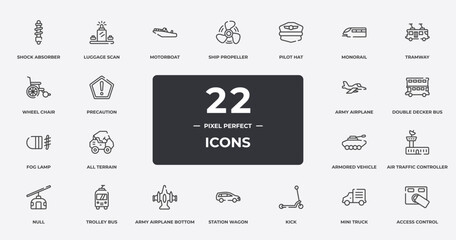 public transport outline icons set. thin line icons sheet included shock absorber, motorboat, pilot hat, tramway, double decker bus, trolley bus, mini truck, access control vector. - obrazy, fototapety, plakaty