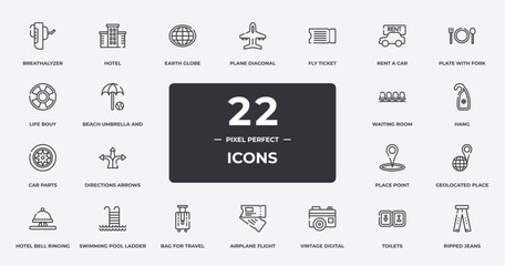 holidays outline icons set. thin line icons sheet included breathalyzer, earth globe, fly ticket, plate with fork and knife cross, hang, swimming pool ladder, toilets, ripped jeans vector.