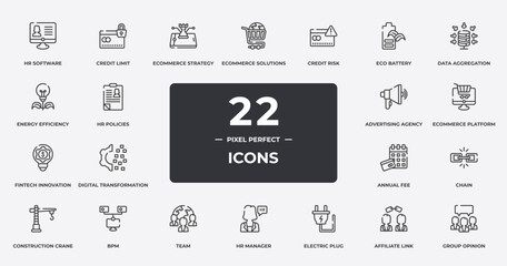 general outline icons set. thin line icons sheet included hr software, ecommerce strategy, credit risk, data aggregation, ecommerce platform, bpm, affiliate link, group opinion vector.