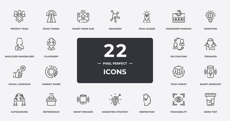 general outline icons set. thin line icons sheet included project team, smart home hub, team leader, invention, teenager, referendum, trackability, urine test vector.