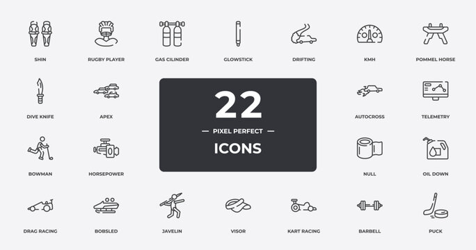 Winter Sports Outline Icons Set. Thin Line Icons Sheet Included Shin, Gas Cilinder, Drifting, Pommel Horse, Telemetry, Bobsled, Barbell, Puck Vector.