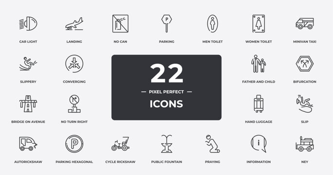 taxi service outline icons set. thin line icons sheet included car light, no can, men toilet, minivan taxi, bifurcation, parking hexagonal, information, ney vector.