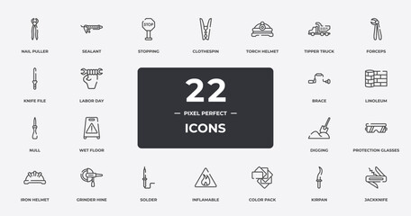 construction elements outline icons set. thin line icons sheet included nail puller, stopping, torch helmet, forceps, linoleum, grinder hine, kirpan, jackknife vector.