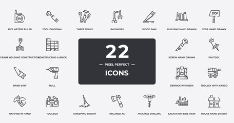 hand drawn construction outline icons set. thin line icons sheet included five meters ruler, three tools, wood saw, stop hand drawn, pin tool, toolbox, excavator side view, house hand drawn building