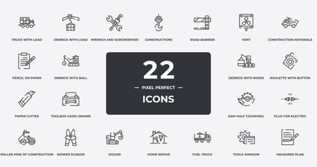 constructicons outline icons set. thin line icons sheet included truck with load, wrench and screwdriver cross, road barrier, construction materials transport, roulette with button, mower scissor,