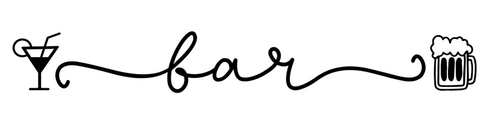 Bar. Vector logo word. Design for poster, flyer, banner, menu cafe. Hand drawn calligraphy text. Typography bar logo. Signboard icon bar. Black and white illustration with coctail and beer.