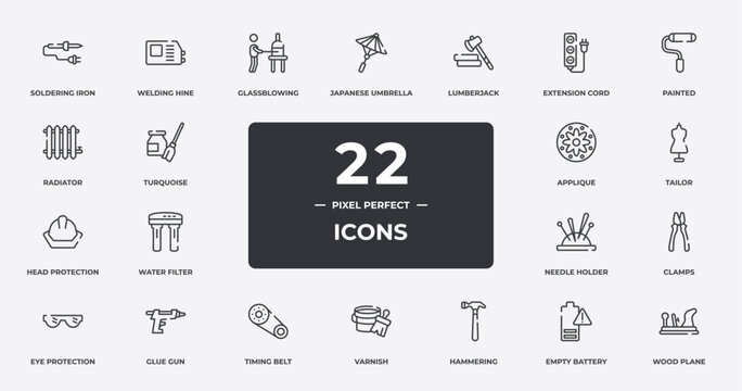 diy outline icons set. thin line icons sheet included soldering iron, glassblowing, lumberjack, painted, tailor, glue gun, empty battery, wood plane vector.