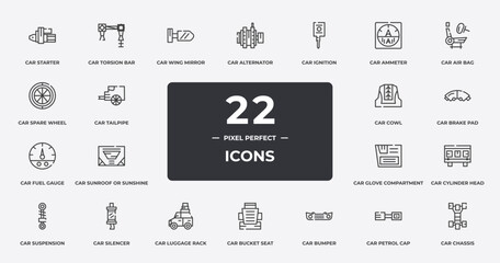 car parts outline icons set. thin line icons sheet included car starter, car wing mirror, ignition, air bag, brake pad, silencer, petrol cap, chassis vector.