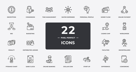 coworking space outline icons set. thin line icons sheet included encryption, time management, personal profile, online payment, worldwide, sand clock, difference, coworking vector.