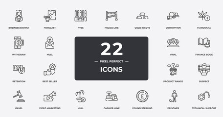 seo and business outline icons set. thin line icons sheet included businesswoman, nyse, gold ingots, marijuana, finance book, video marketing, prisoner, technical support vector. - obrazy, fototapety, plakaty