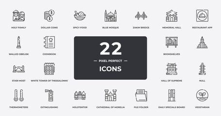 restaurant elements outline icons set. thin line icons sheet included holy family, spicy food, zakim bridge, restaurant app, , extinguishing, daily specials board, vegetarian vector.