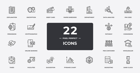 taxes outline icons set. thin line icons sheet included explanation, debit card, department, pin code, commission, facilities, budgeting, sand clock vector.