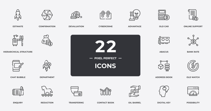 business outline icons set. thin line icons sheet included estimate, devaluation, advantage, online support, bank rate, reduction, digital key, possibility vector.