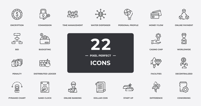 coworking space outline icons set. thin line icons sheet included encryption, time management, personal profile, online payment, worldwide, sand clock, difference, coworking vector.