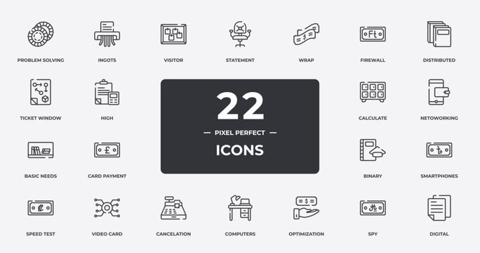 blockchain outline icons set. thin line icons sheet included problem solving, visitor, wrap, distributed, netoworking, video card, spy, digital vector.