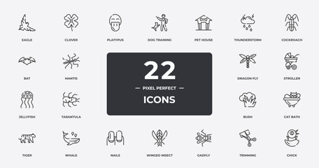 nature outline icons set. thin line icons sheet included eagle, platypus, pet house, cockroach, stroller, whale, trimming, chick vector.