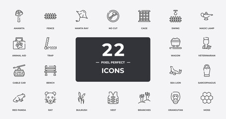 wildlife outline icons set. thin line icons sheet included amanita, manta ray, cage, magic lamp, veterinarian, rat, orangutan, moss vector. © VectorStockDesign