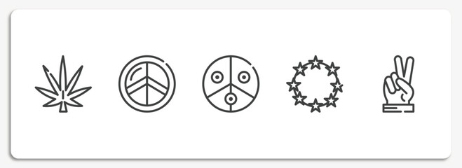 world peace outline icons set. thin line icons sheet included cannabis, hippie, pacifism, crown of flowers, victory vector.