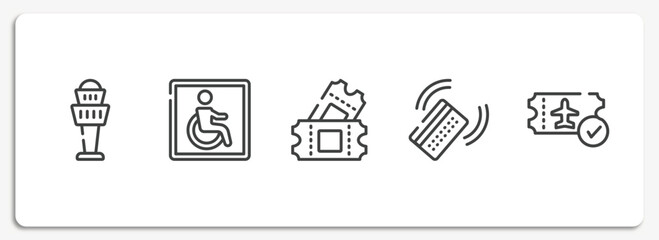 in the frontier outline icons set. thin line icons sheet included airport control tower, wheelchair accessible, ticket card, check in with card, verified boarding card vector. - obrazy, fototapety, plakaty