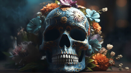 Ritual Mexican skull decorated with colorful flowers, straight view.