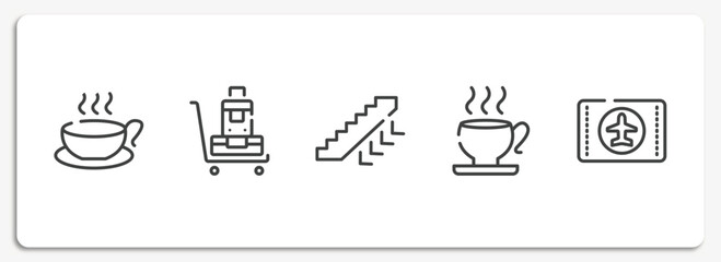 in the frontier outline icons set. thin line icons sheet included cup of hot coffee, luggage trolley, ors down, teacup, airplane flight card vector.