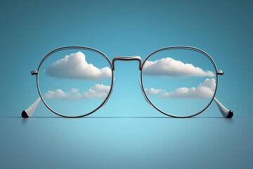 Sky view through eyeglasses. Eyeglasses in the sky. Blurry background. Vision concept. Generative AI