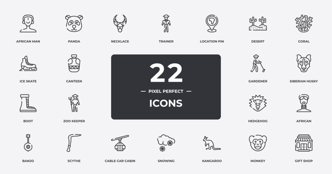in the zoo outline icons set. thin line icons sheet included african man, necklace, location pin, coral, siberian husky, scythe, monkey, gift shop vector.