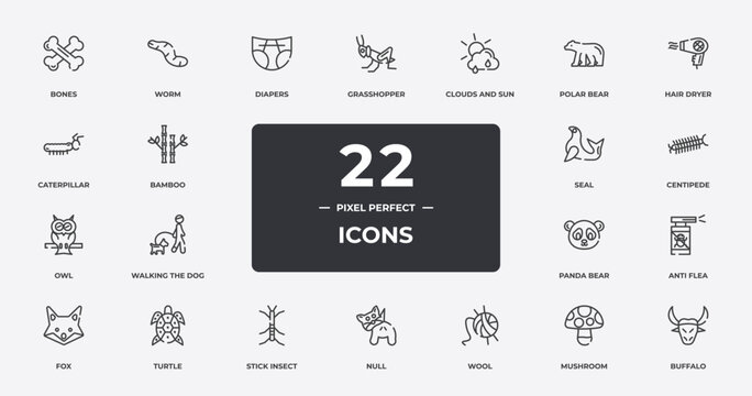 animals outline icons set. thin line icons sheet included bones, diapers, clouds and sun, hair dryer, centipede, turtle, mushroom, buffalo vector.
