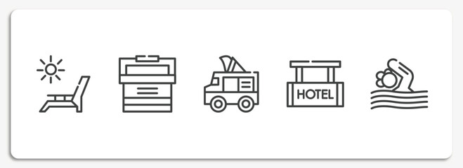 summer outline icons set. thin line icons sheet included deck chairs and sun, portable fridge, ice cream van, hotel hanging, swimming person vector.