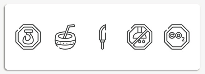 universal warning signals outline icons set. thin line icons sheet included hoist, kalabas, knife in sheath, no shower, co2 vector.