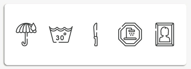 poi public places outline icons set. thin line icons sheet included rain umbrella, 30 degree laundry, strong knife, shower place, woman portrait vector.
