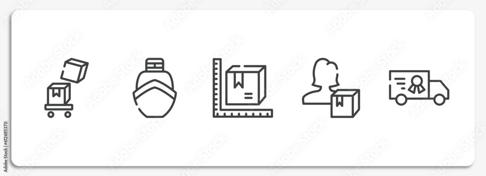 Poster global logistic outline icons set. thin line icons sheet included overflow, boat from front view, pa