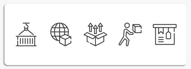 lineal logistic outline icons set. thin line icons sheet included use hook, worldwide delivery, unpacking, delivering box, tagged package vector.