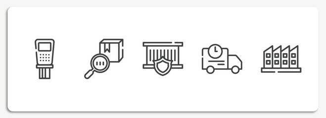 logistics outline icons set. thin line icons sheet included payment terminal, trackcode, delivery insurance, shipping truck, manufacturing plant vector.