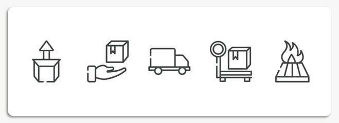 logistics outline icons set. thin line icons sheet included cardboard box with arrow, delivery package, free delivery truck, parcel weight, heat treated wood vector.