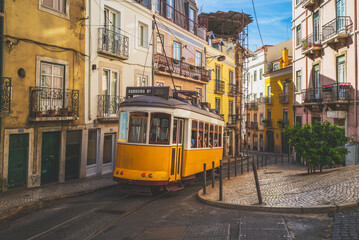 Naklejka na ściany i meble The classic route, number 28 tram of lisbon in portugal