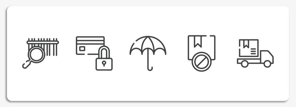lineal logistic outline icons set. thin line icons sheet included barcode scan, card blocked, wet protect, prohibited, package on rolling transport vector.
